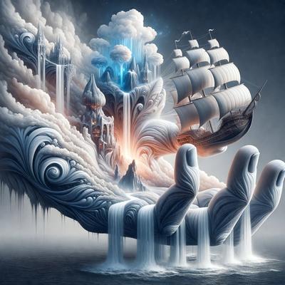 The primary subject of the image is a hand holding a ship, which is a part of a larger scene that includes a castle and a city. The setting is a fantasy world, and the visual style is digital art. The dominant colors in the image are white and blue, creating a serene and dreamy atmosphere.
